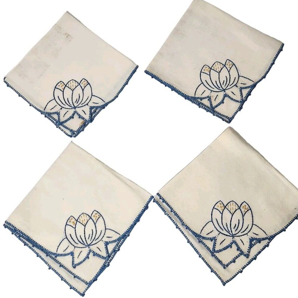 VTG 1970 Embroidered Linen Napkins SET 4 Lotus Flower Cottage Kitchen Handmade